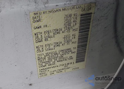 2015 Nissan Frontier Sv z USA, uszkodzony, nr VIN 1N6AD0FV6FN705891